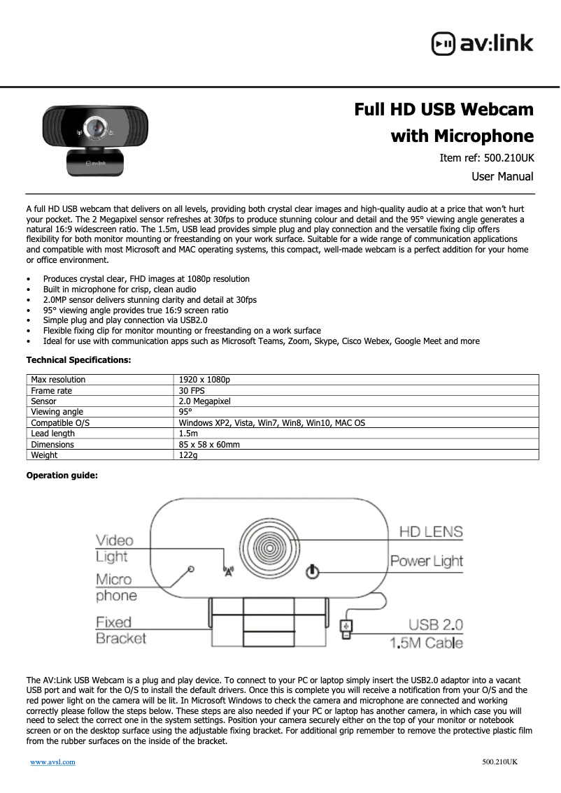 Page 1 de la notice Manuel utilisateur AV:link 500.210UK