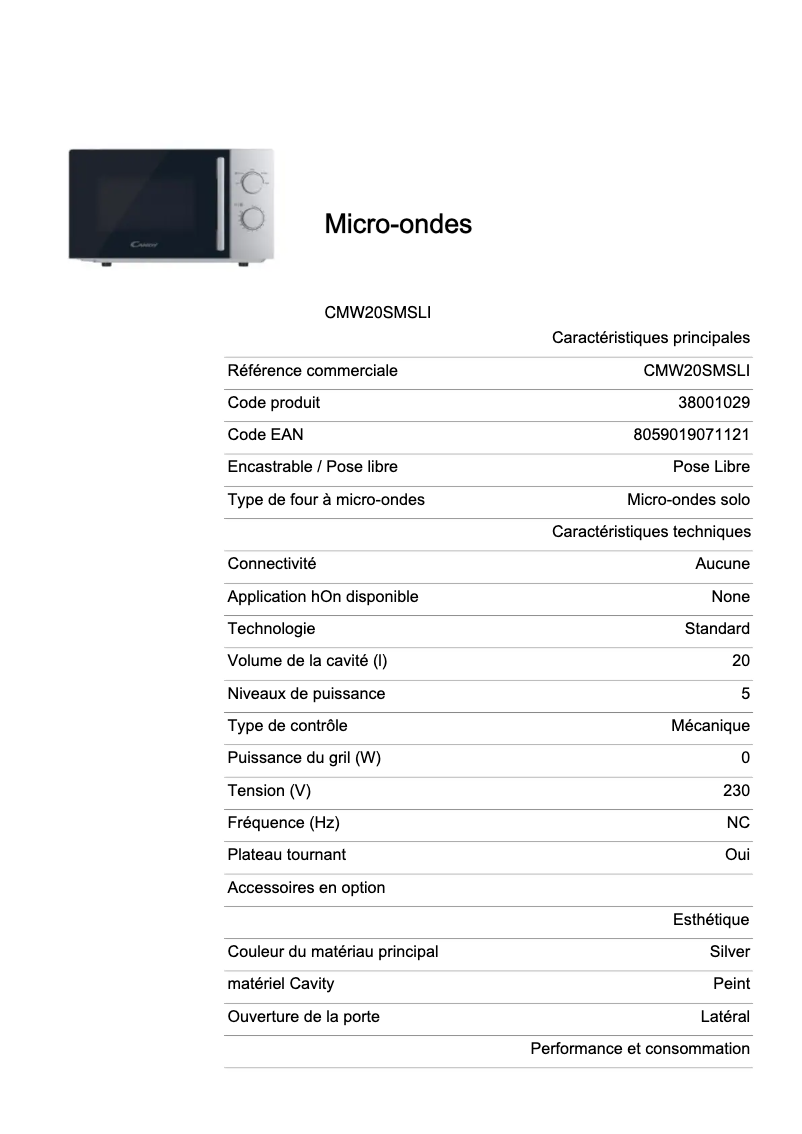 First page image of the manual for CMW20SMSLI