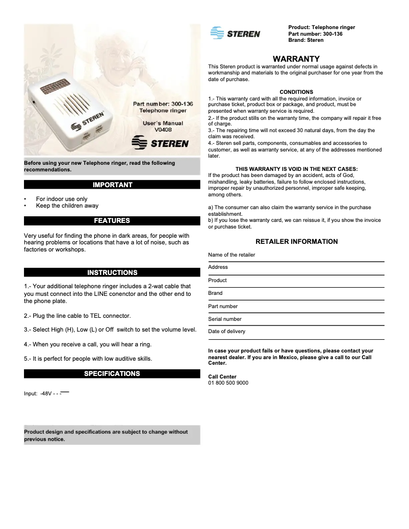 Page 1 of the manual User Manual Steren 300-136