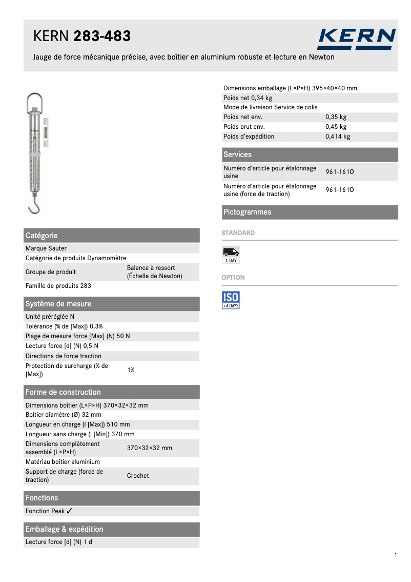Page 1 of the manual Technical Sheet Kern 283-483