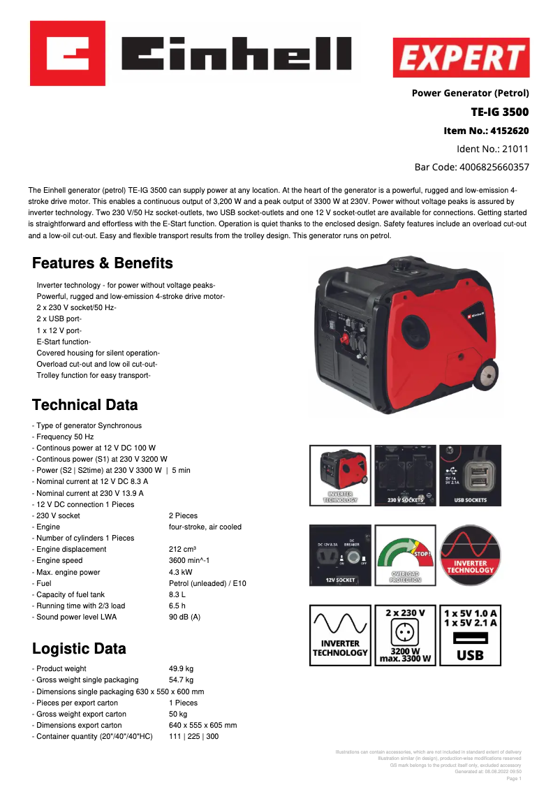 Page 1 of the manual Technical Sheet Einhell TE-IG 3500