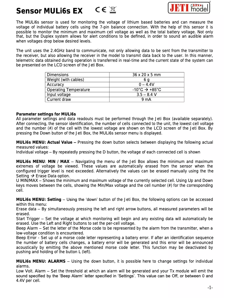 Page 1 of the manual User Manual JETI JEX-MULI6S