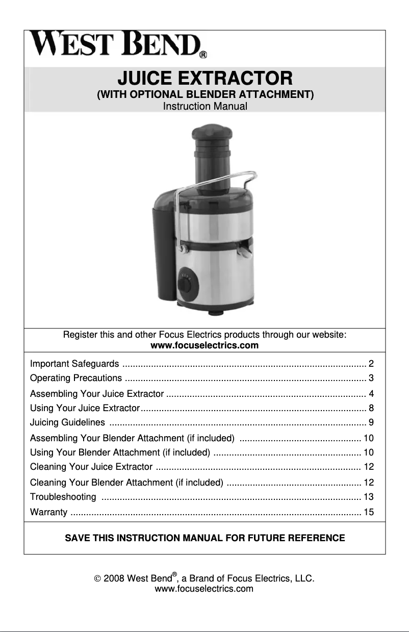 Page 1 de la notice Manuel utilisateur WestBend 7000CF