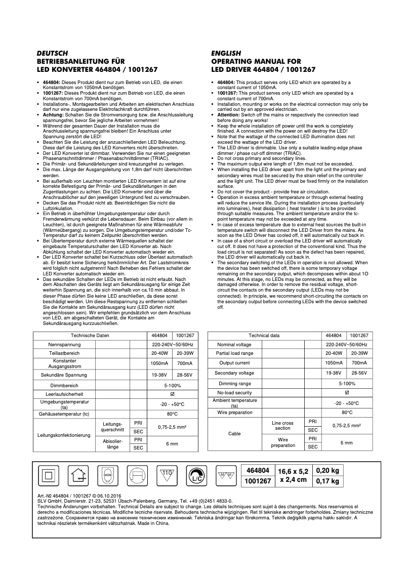 Page 1 of the manual User Manual SLV 1001267