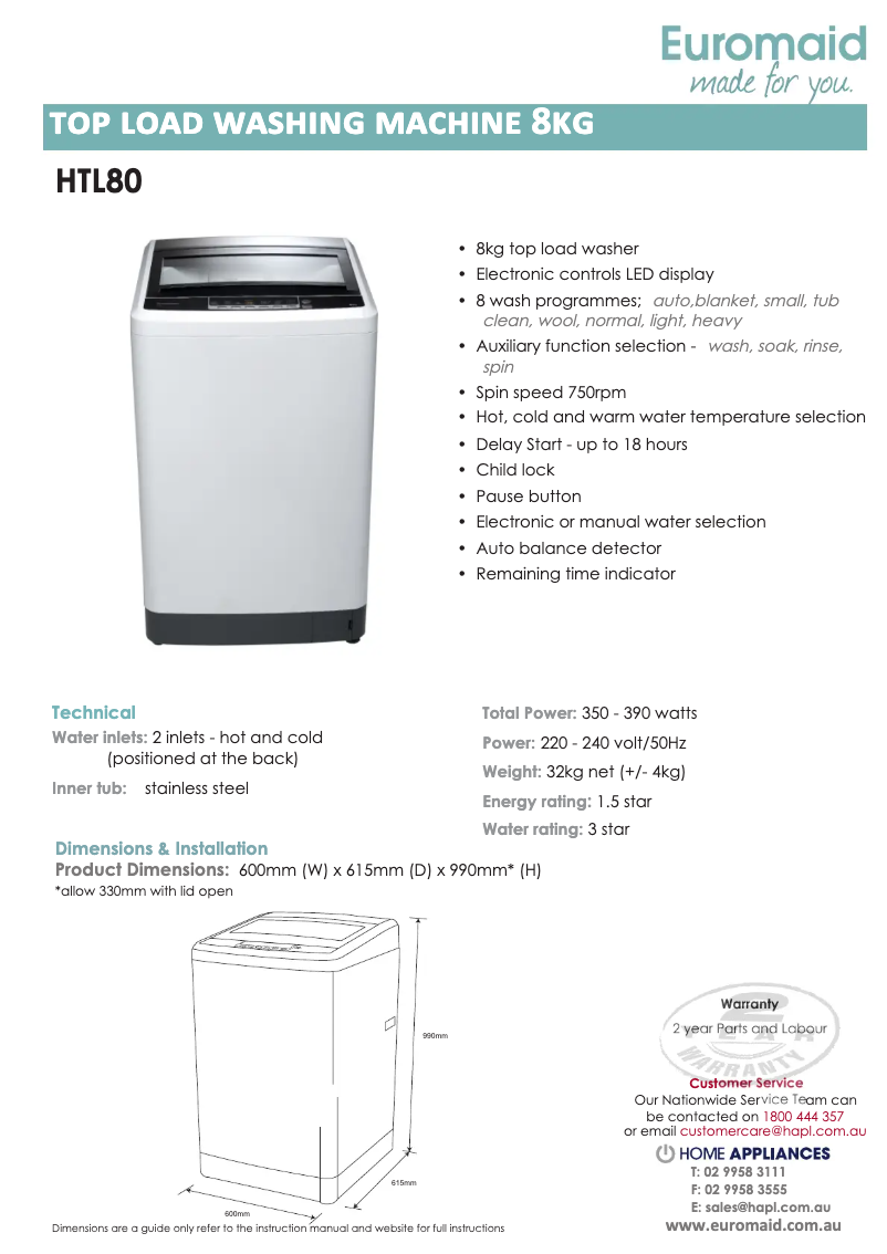 Page 1 of the manual Technical Sheet Euromaid HTL80