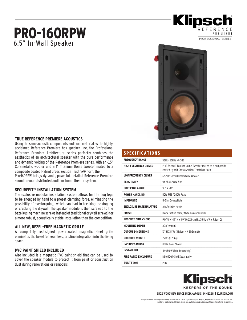 Page 1 of the manual User Manual Klipsch PRO-160RPW