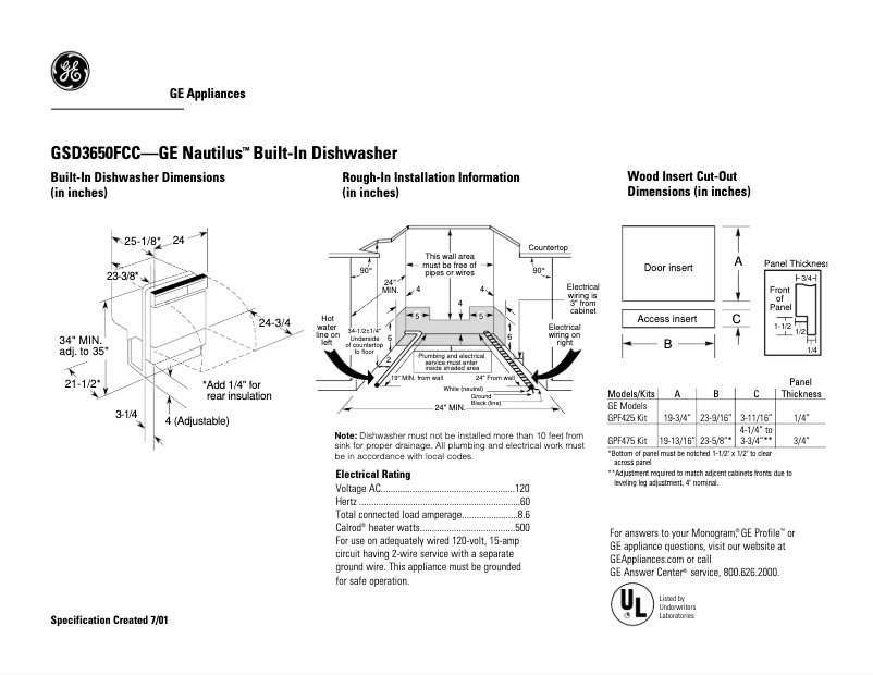 Page 1 of the manual Technical Sheet GE GSD3650FCC