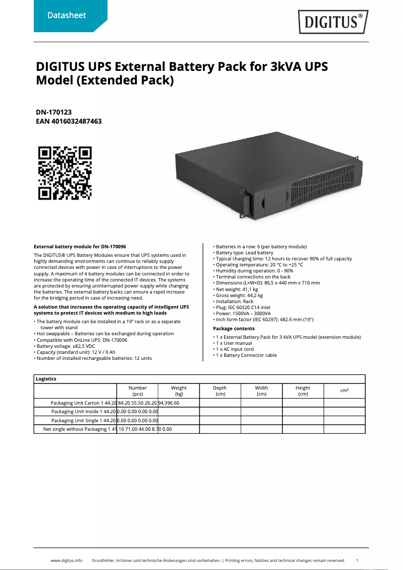 Page 1 of the manual Technical Sheet Digitus DN-170123