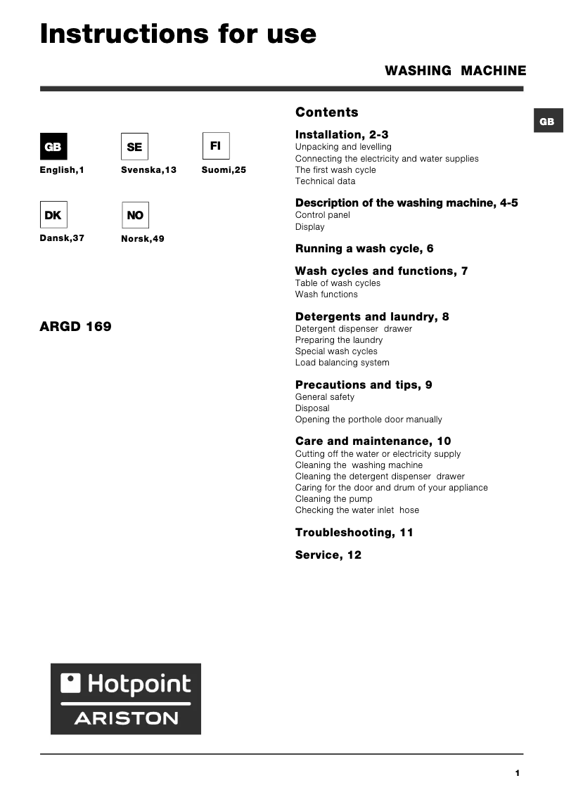Page 1 of the manual User Manual Hotpoint Ariston ARGD 169