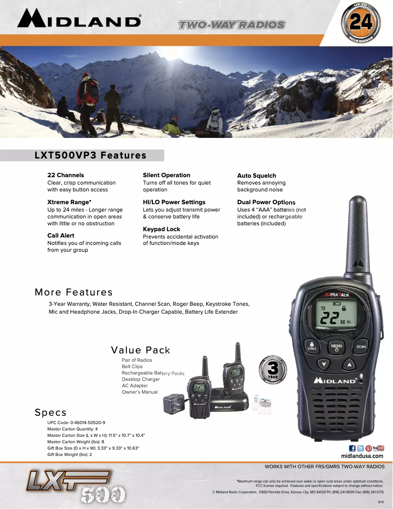 Page 1 of the manual Technical Sheet Midland LXT500VP3