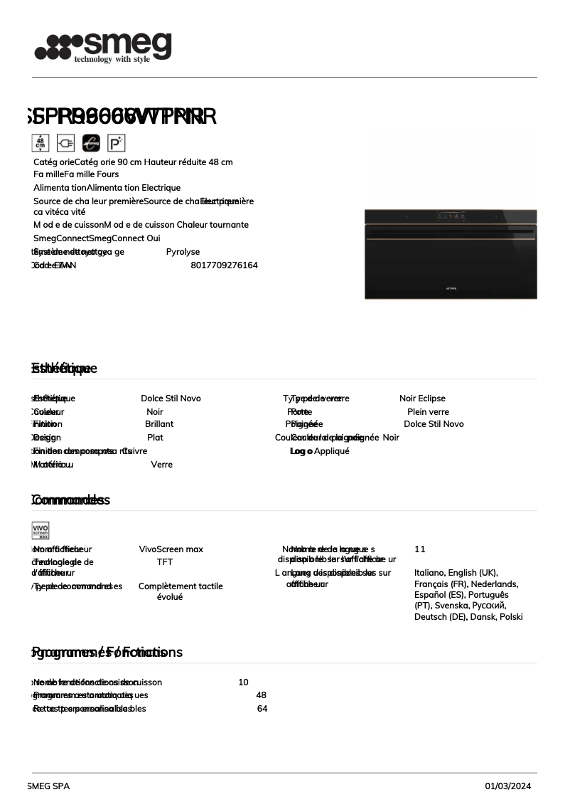 Page 1 of the manual Technical Sheet Smeg SFPR9606WTPNR