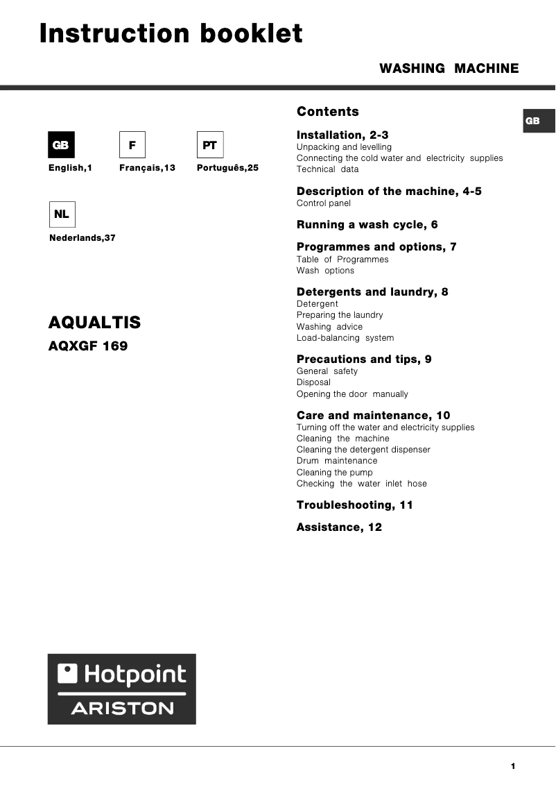 Page 1 of the manual User Manual Hotpoint Ariston AQXGF 169