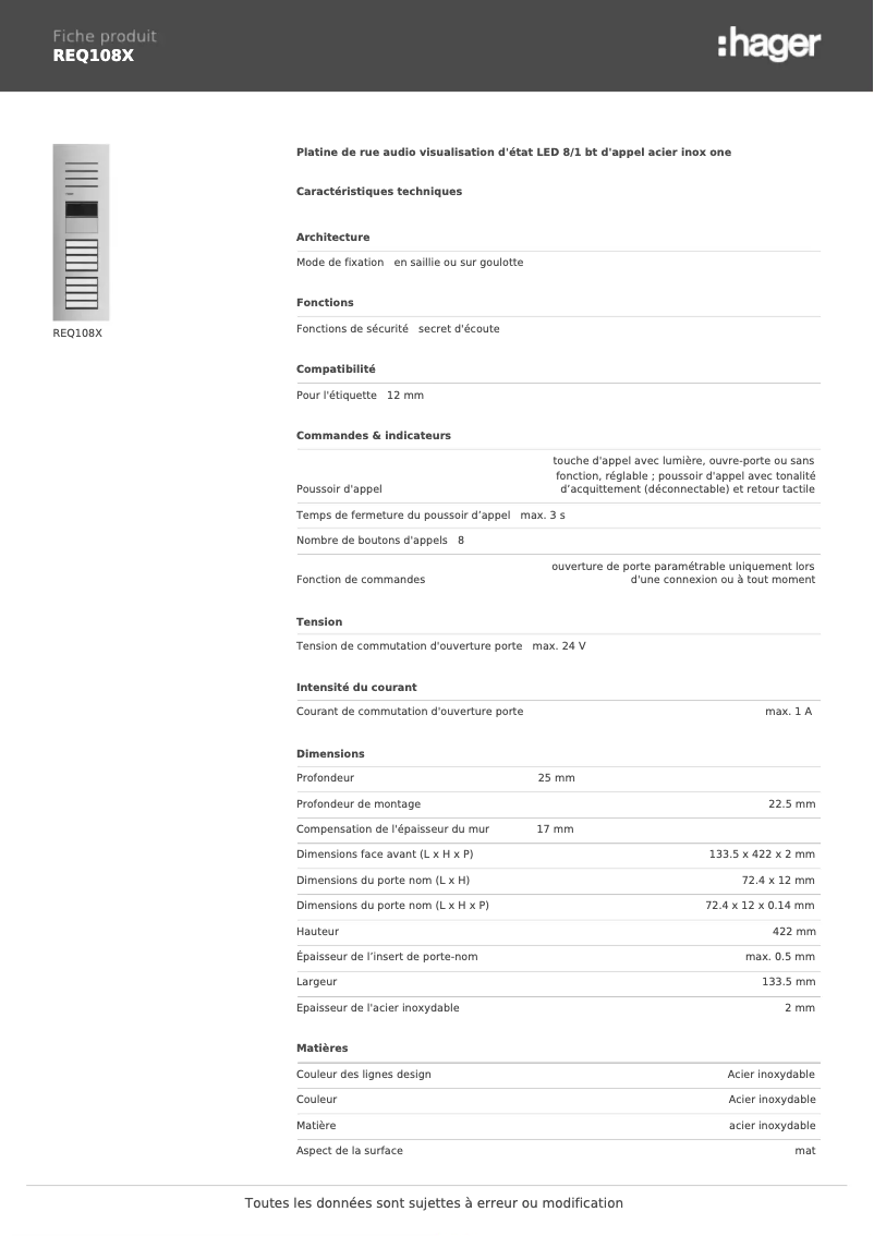 Page 1 of the manual Technical Sheet Hager REQ108X