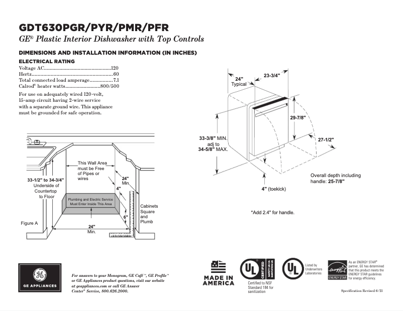 Page 1 of the manual Technical Sheet GE GDT630PYRFS