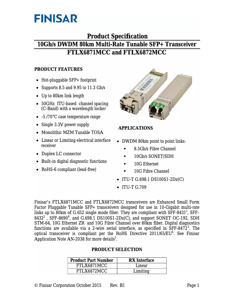 Page 1 of the manual User Manual Finisar FTLX6872MCC