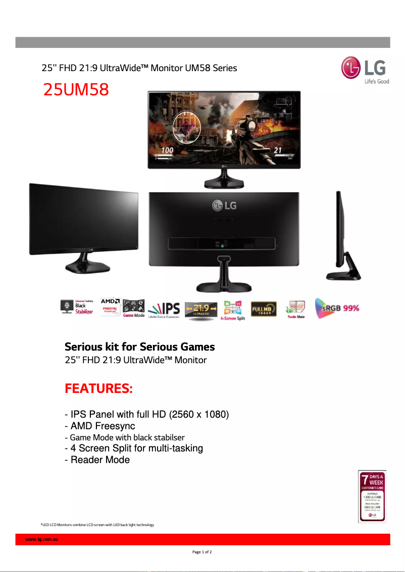 Page 1 of the manual Technical Sheet LG 25UM58-P