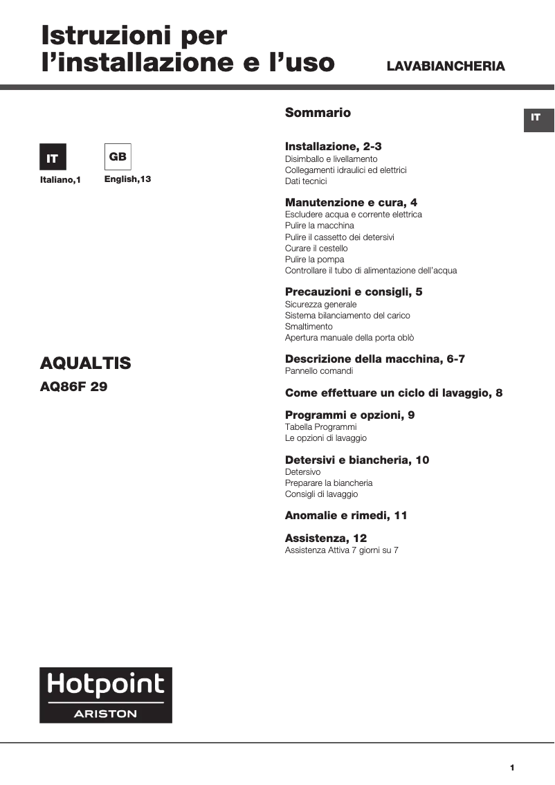 Page 1 of the manual User Manual Hotpoint Ariston AQ86F 29 IT