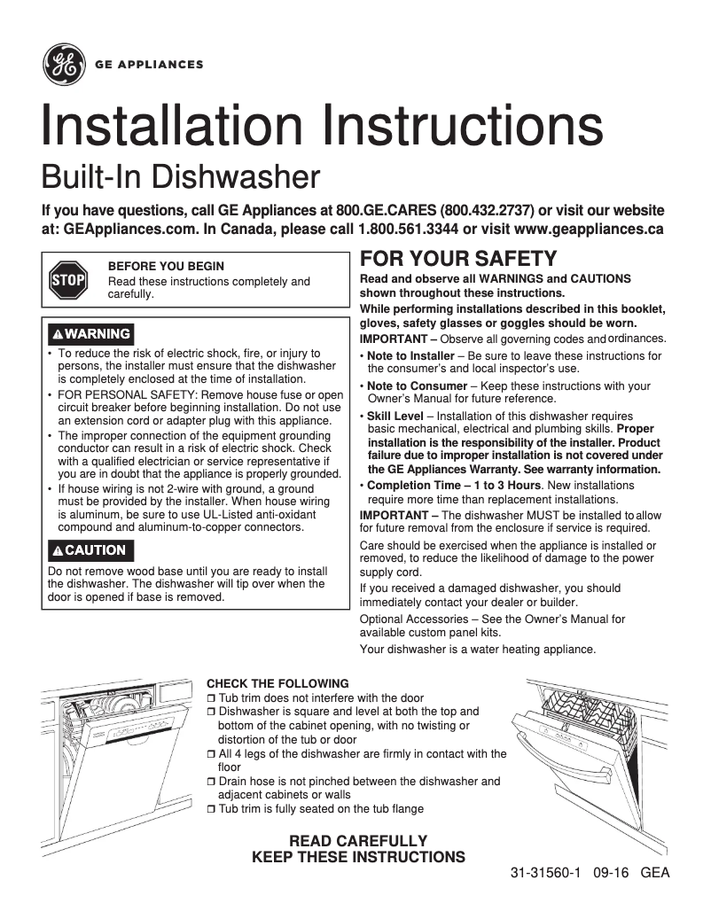 Page 1 of the manual Installation Guide GE CDT865SSJSS