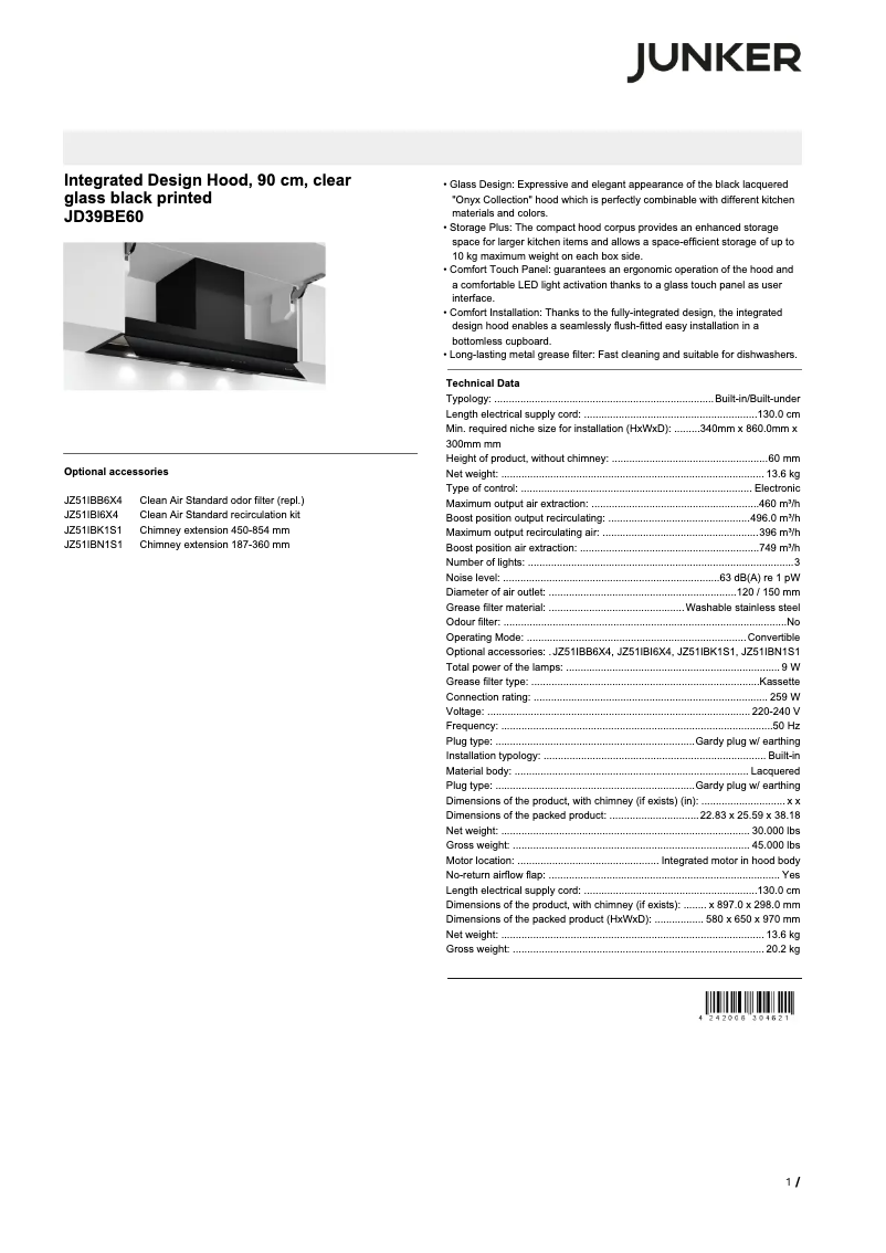 Page 1 of the manual Technical Sheet Junker JD39BE60