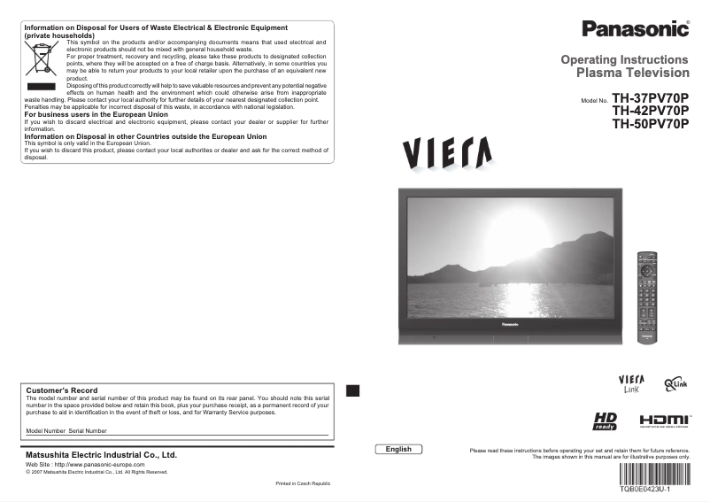 Page 1 of the manual User Manual Panasonic Viera TH-42PV70P