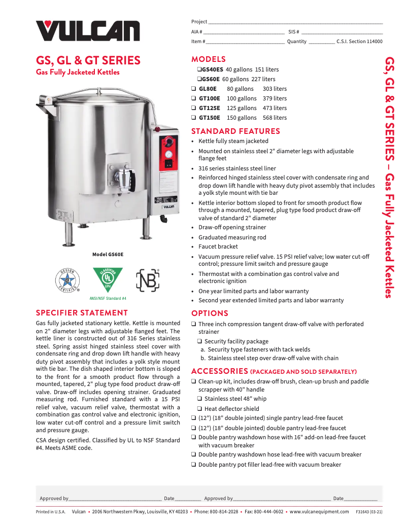Page 1 of the manual Technical Sheet Vulcan GS40ES