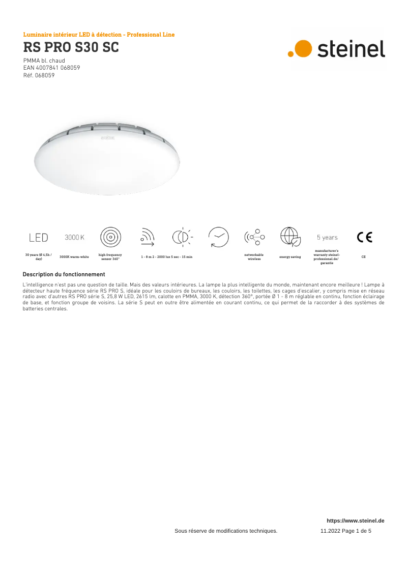 Page 1 de la notice Fiche technique Steinel RS PRO S30 SC