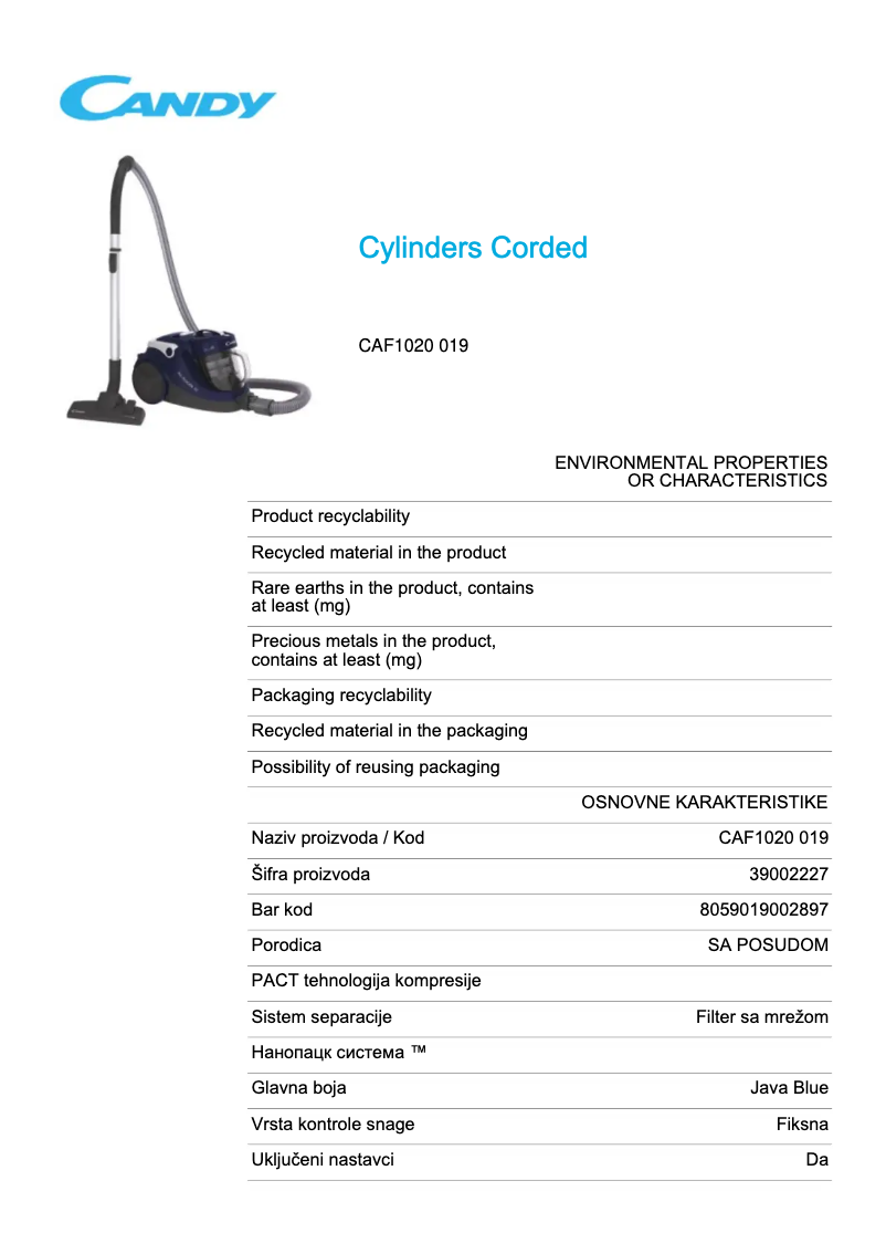 Page 1 of the manual Technical Sheet Candy CAF1020 019