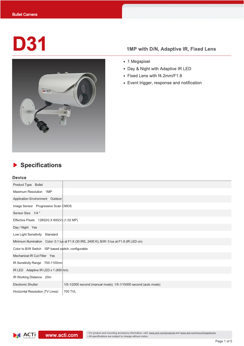 Page 1 of the manual Technical Sheet ACTi D31