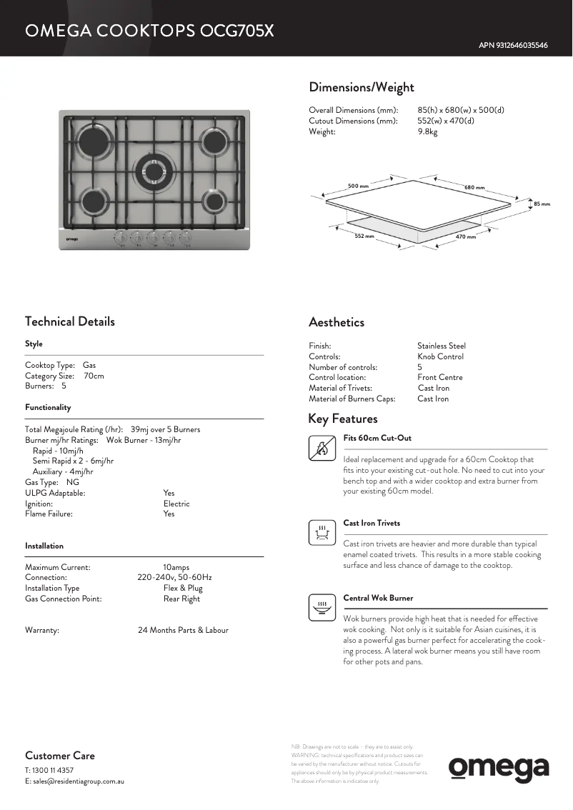 Page 1 of the manual Technical Sheet Omega OCG705X