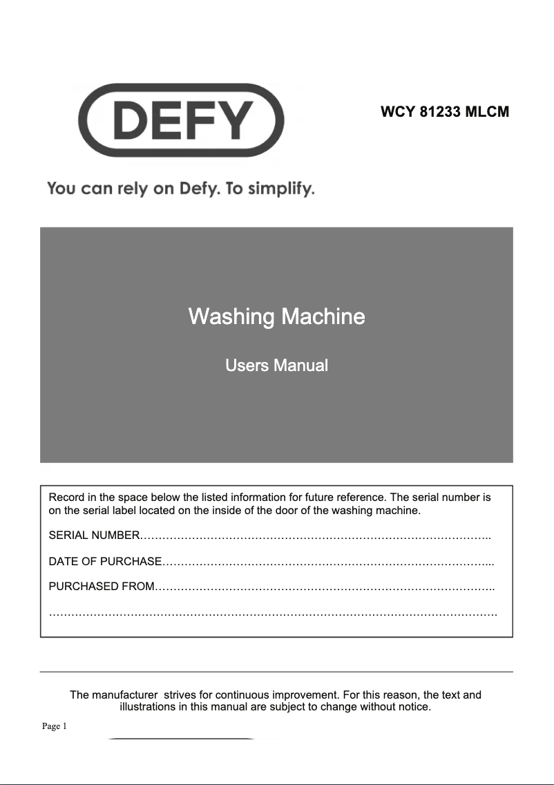 Page 1 of the manual User Manual Defy WCY 81233 MLCM