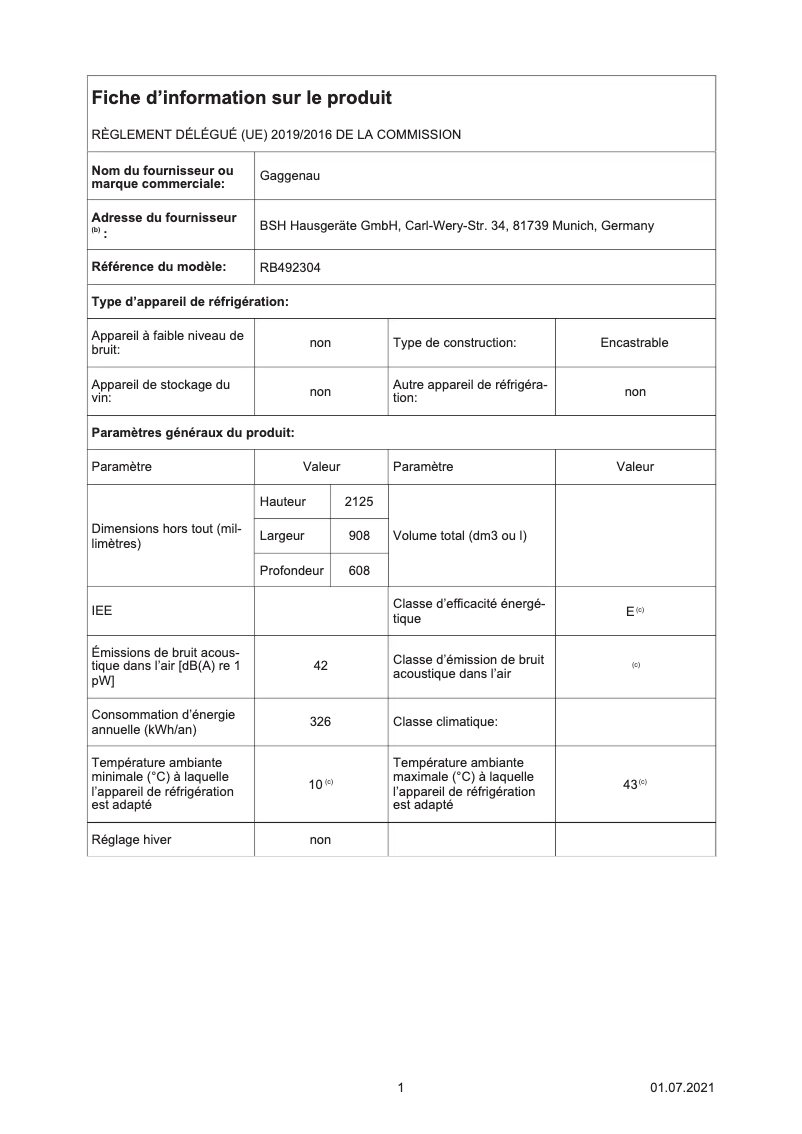 Page 1 de la notice Fiche technique Gaggenau RB492304
