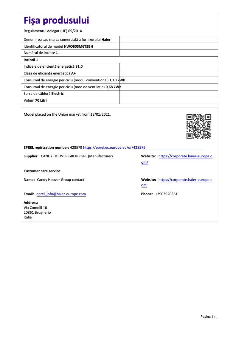 Page 1 of the manual Technical Sheet Haier I-Touch Series 6 HWO60SM6T5BH