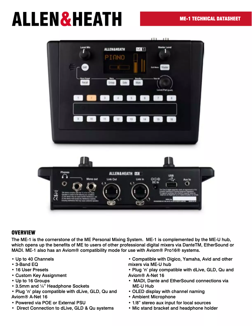 Page 1 of the manual Technical Sheet Allen & Heath ME-1