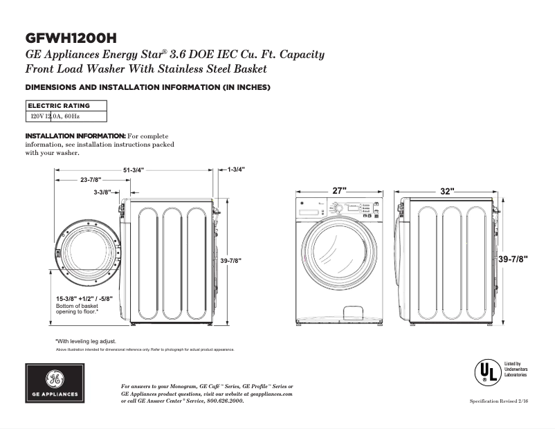 Page 1 of the manual Technical Sheet GE GFWH1200HWW