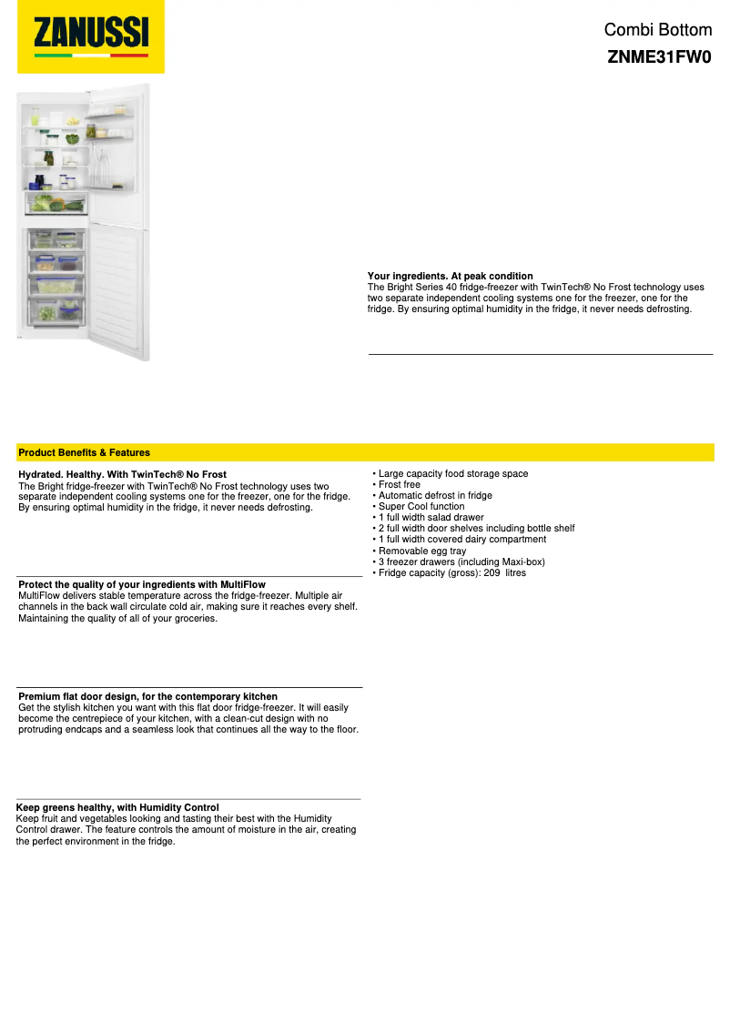 Page 1 of the manual Technical Sheet Zanussi ZNME31FW0