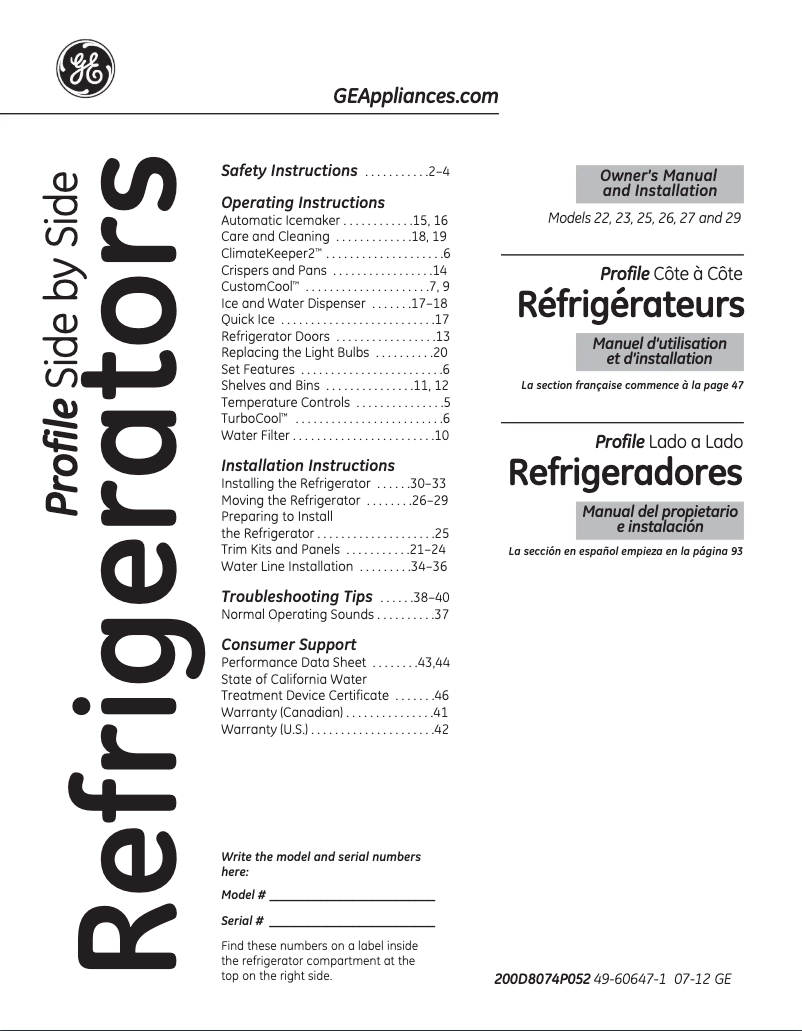 Page 1 of the manual Use and Maintenance Manual GE PSSF3RGZBB