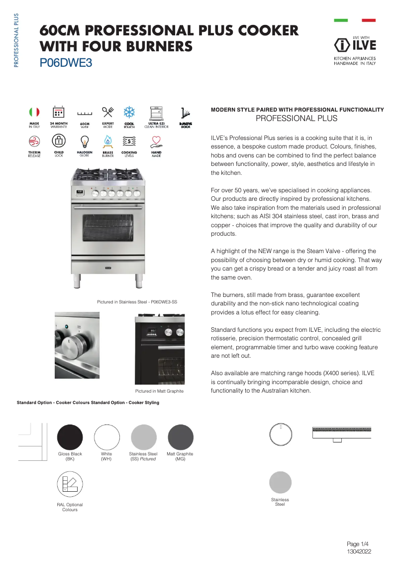 Page 1 of the manual Technical Sheet Ilve P06DWE3SS