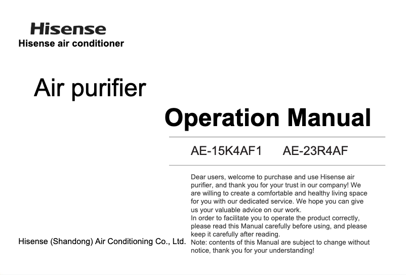 Page 1 of the manual User Manual Hisense AE-15K4AF1