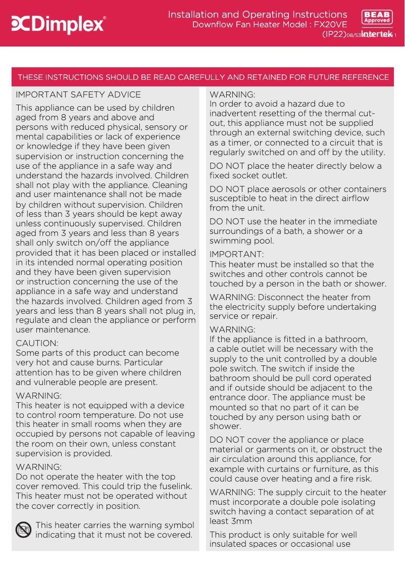 Page 1 of the manual User Manual Dimplex FX20VE