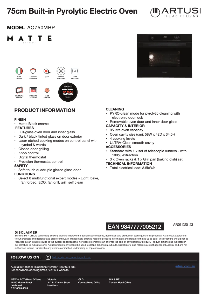 Page 1 of the manual Technical Sheet Artusi AO750MBP