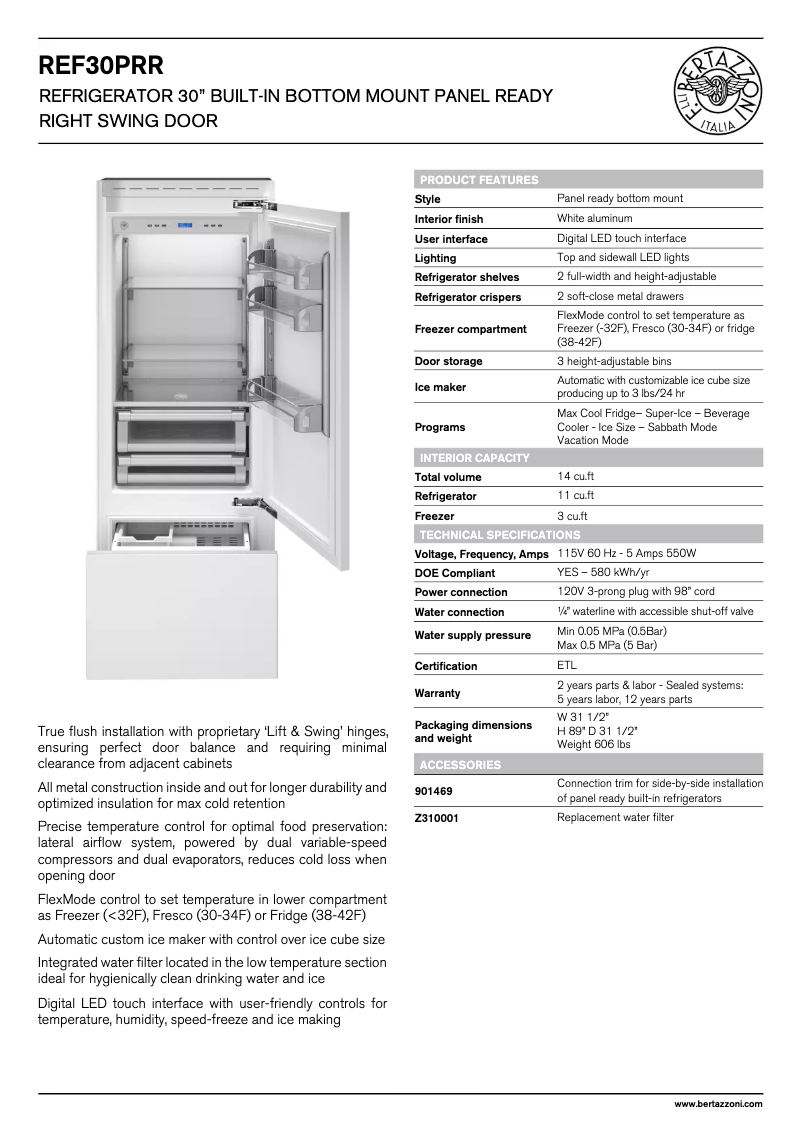 Page 1 of the manual Technical Sheet Bertazzoni REF30PRR