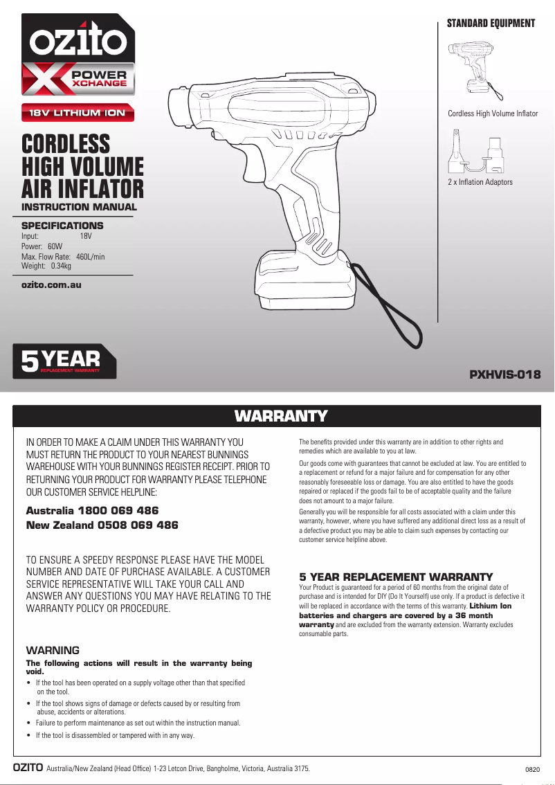 First page image of the manual for PXHVIS-018