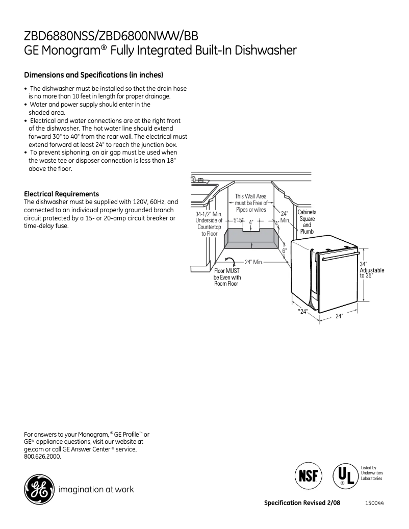 Page 1 of the manual Technical Sheet GE ZBD6880NSS