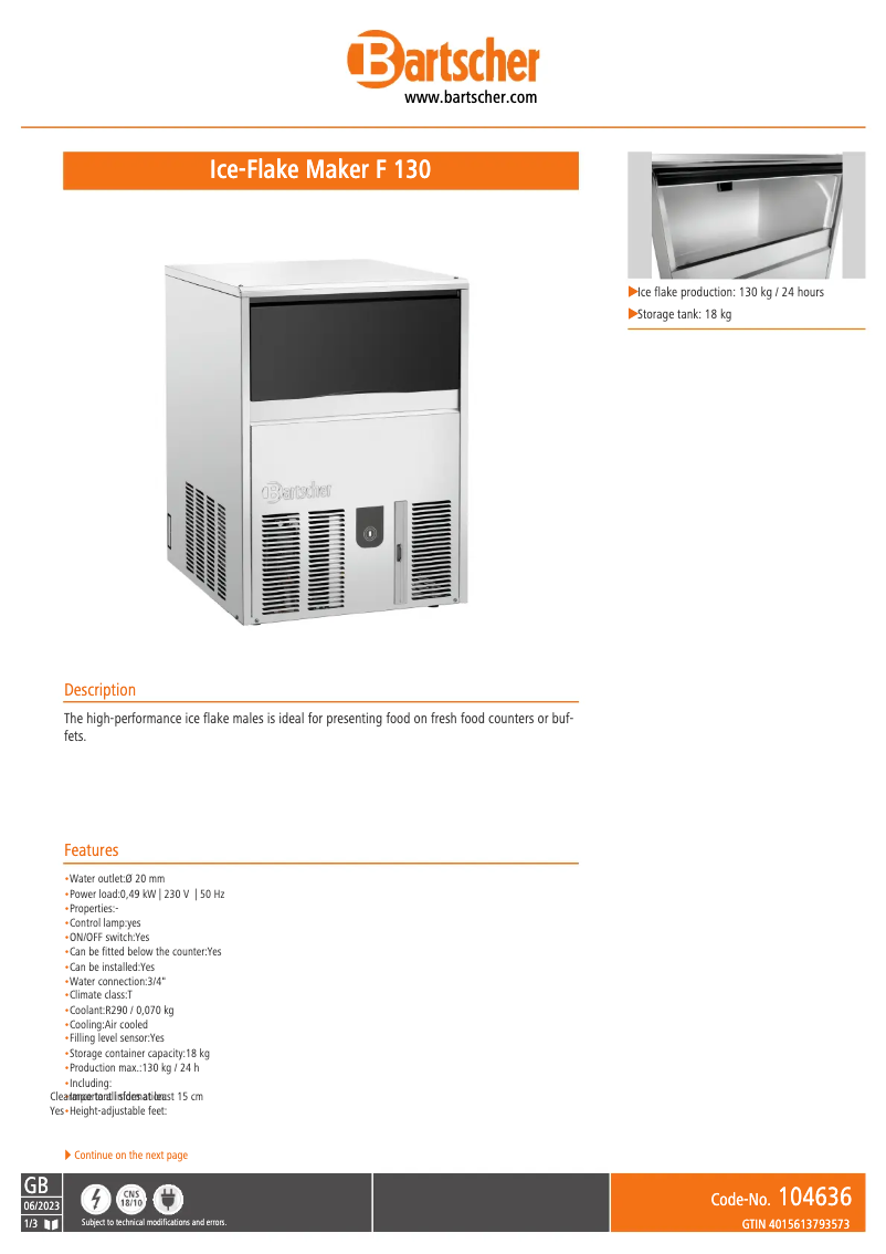 Page 1 of the manual Technical Sheet Bartscher F 130