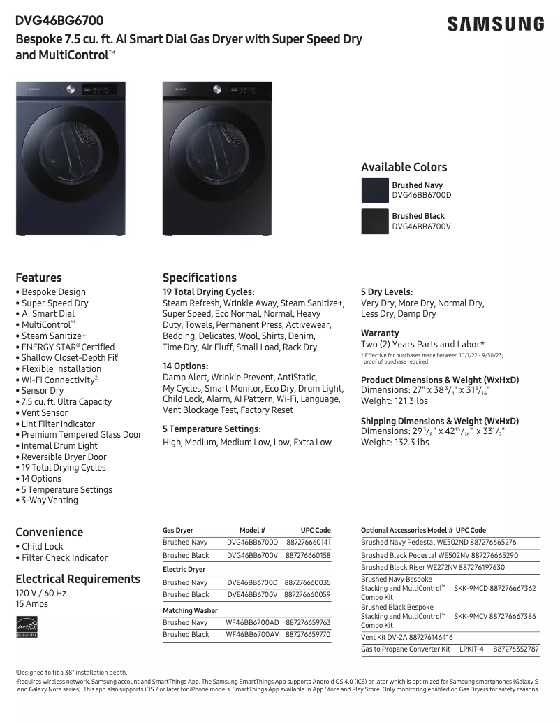 Page 1 of the manual Technical Sheet Samsung DVG46BB6700V