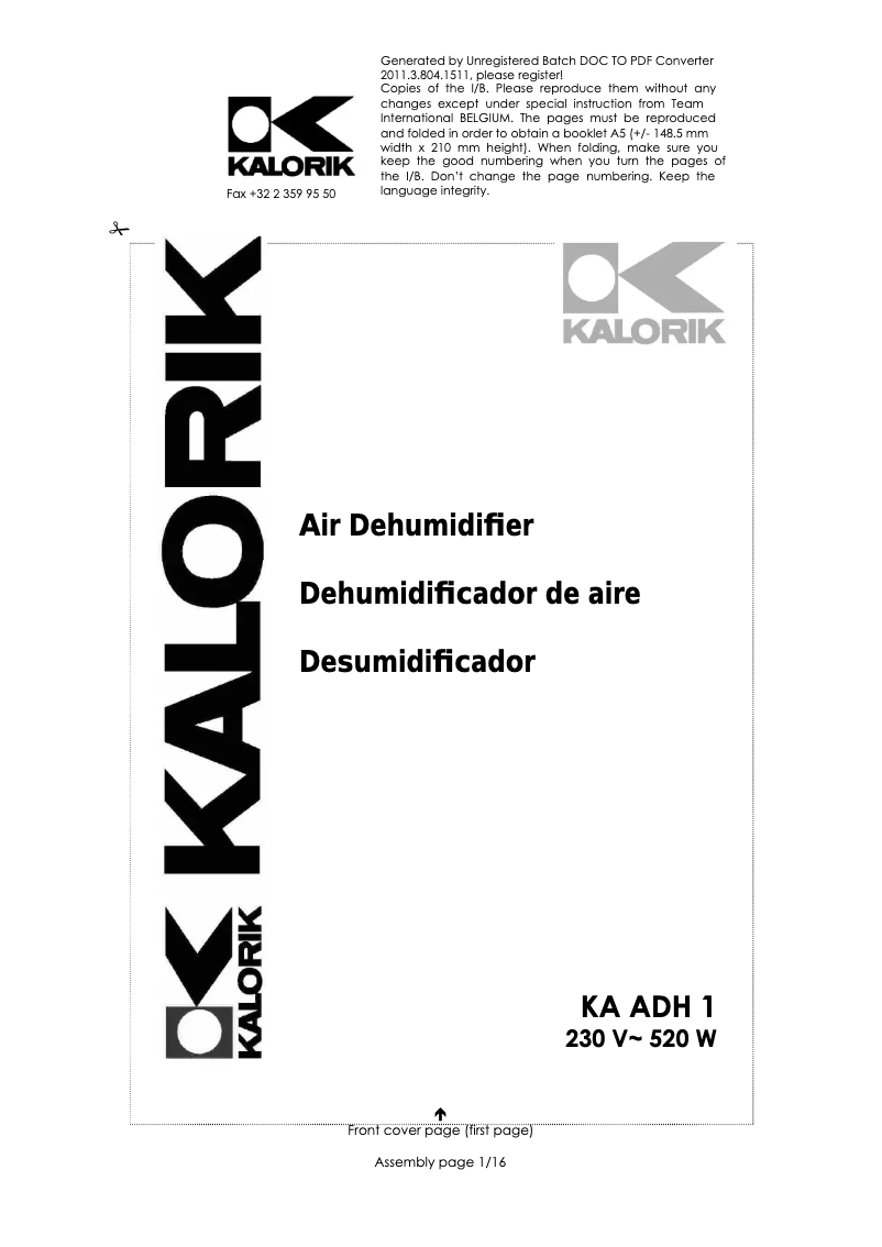 Page 1 of the manual User Manual Kalorik KA ADH 1