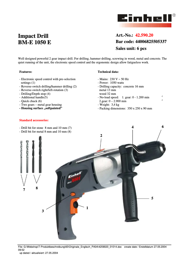 First page image of the manual for BM-E 1050 E