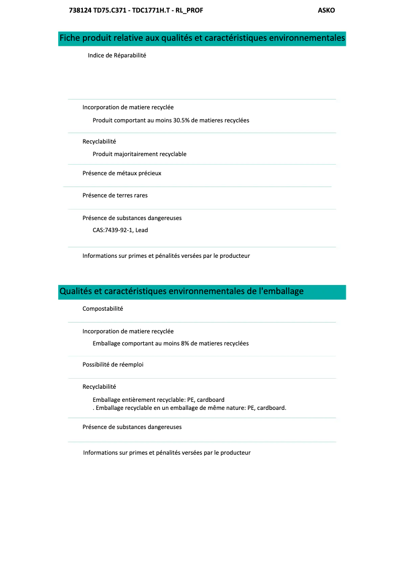Page 1 of the manual Technical Sheet Asko TDC1771H.T