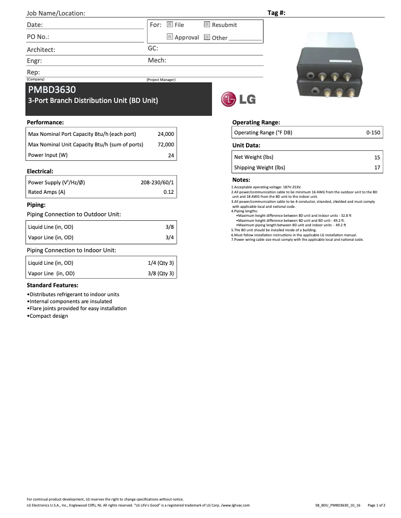 Page 1 of the manual Technical Sheet LG PMBD3630