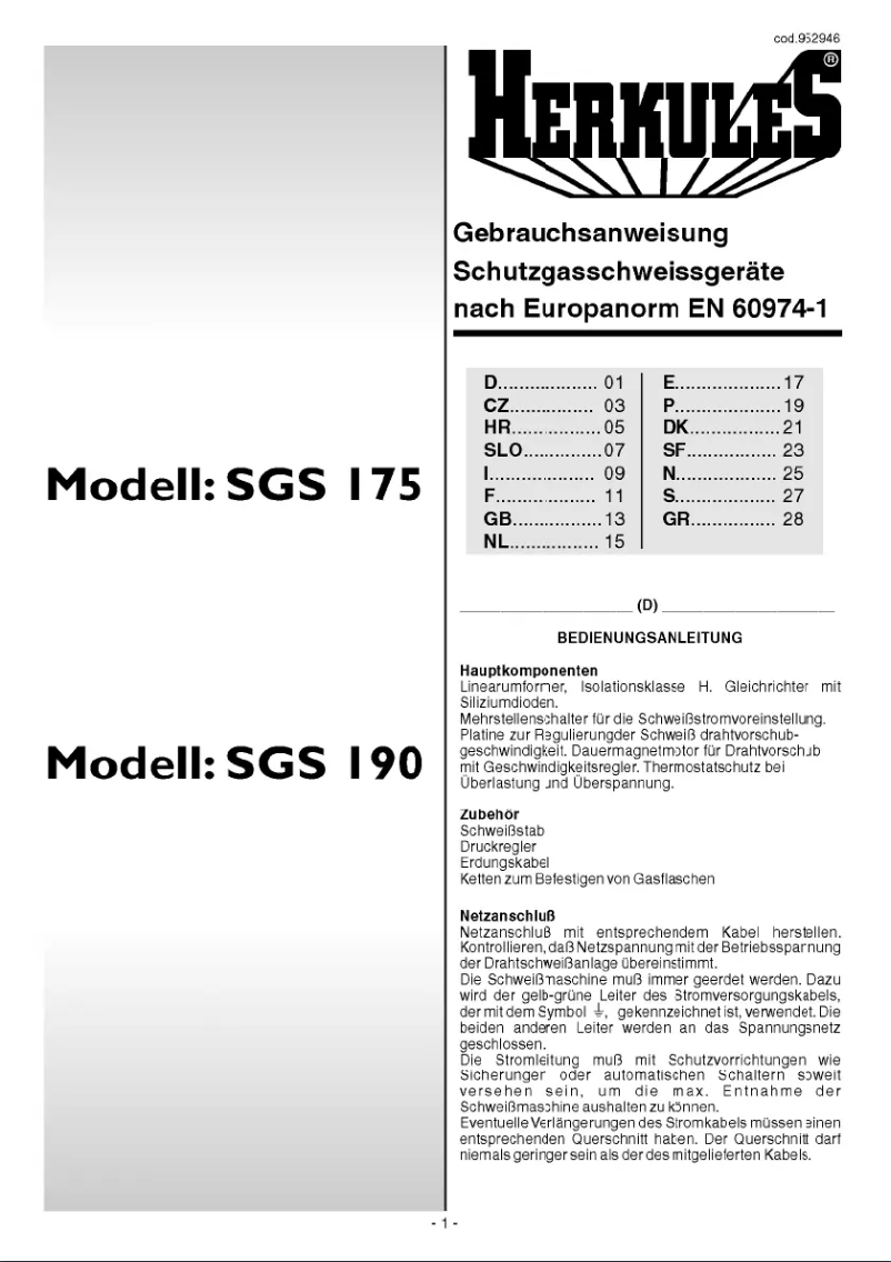 Page 1 of the manual User Manual Herkules SGS 175 Turbo